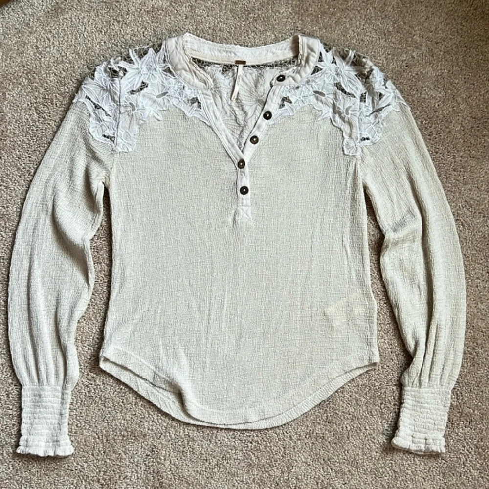 Free People Long Sleeve Henley With Floral Shoulder and Back Embroidered Desigon